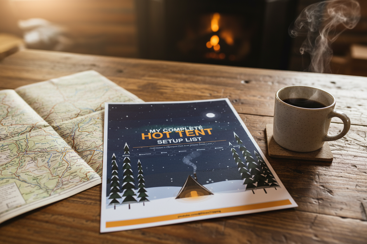 Hot Tent Setup List on a table with map and coffee